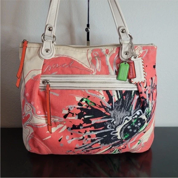 Coach Poppy Coral Floral Sequin Glam Canvas Shoulder Bag EUC - Picture 6 of 16